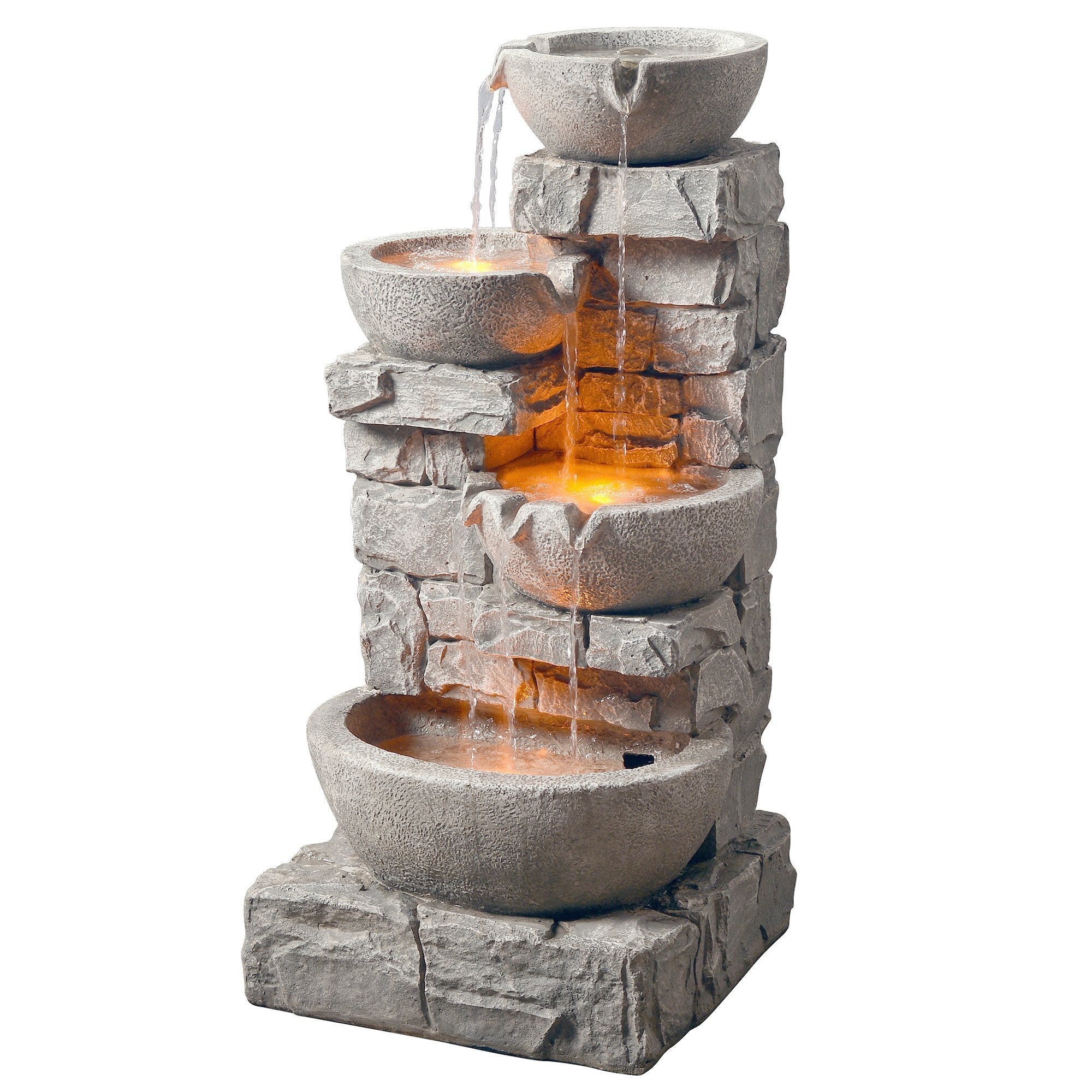 A faux rock 4-tier water fountain with led lights below the bottom 3 tiers.