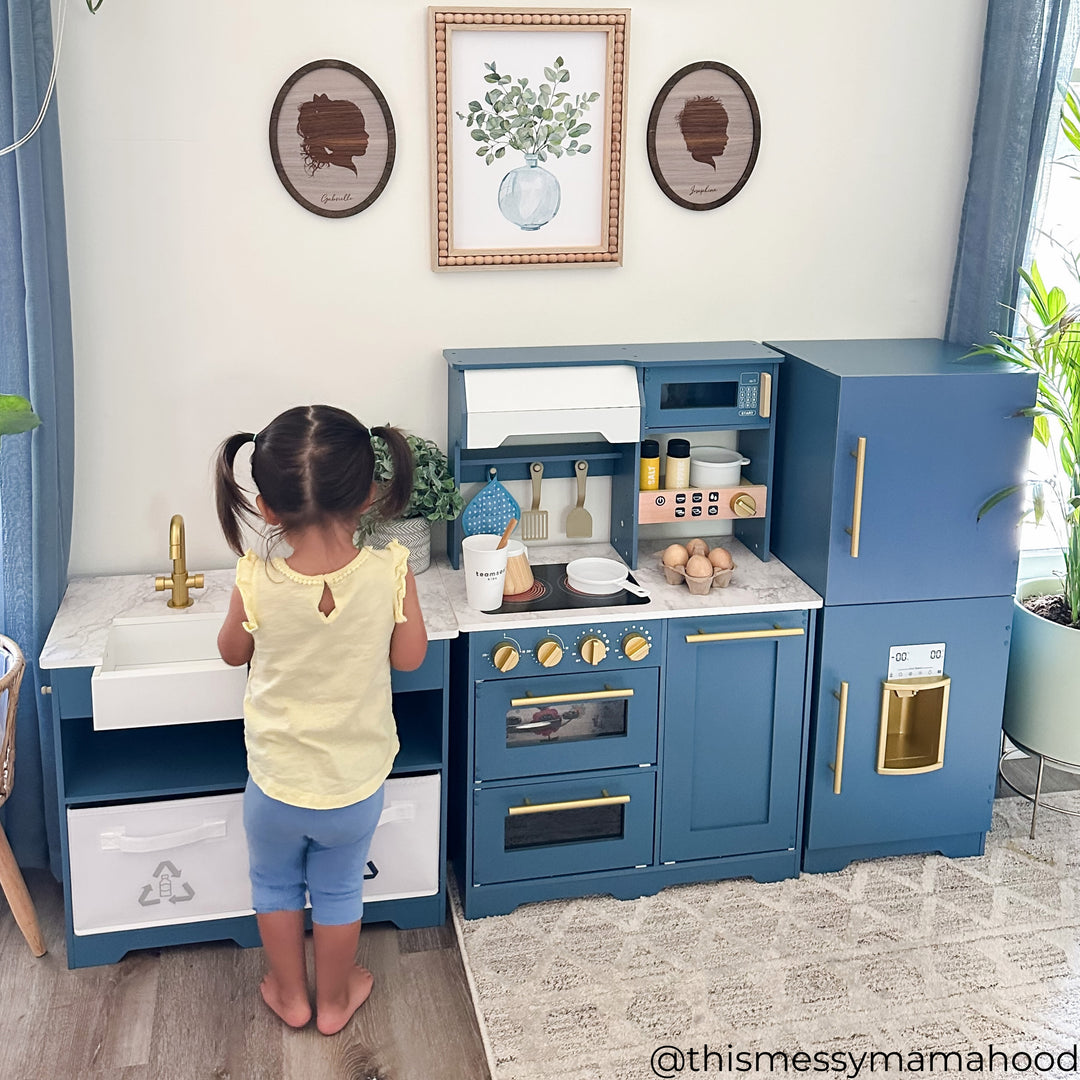 Teamson Kids Little Chef Atlanta Modular Play Kitchen with Accessories, Blue/Gold