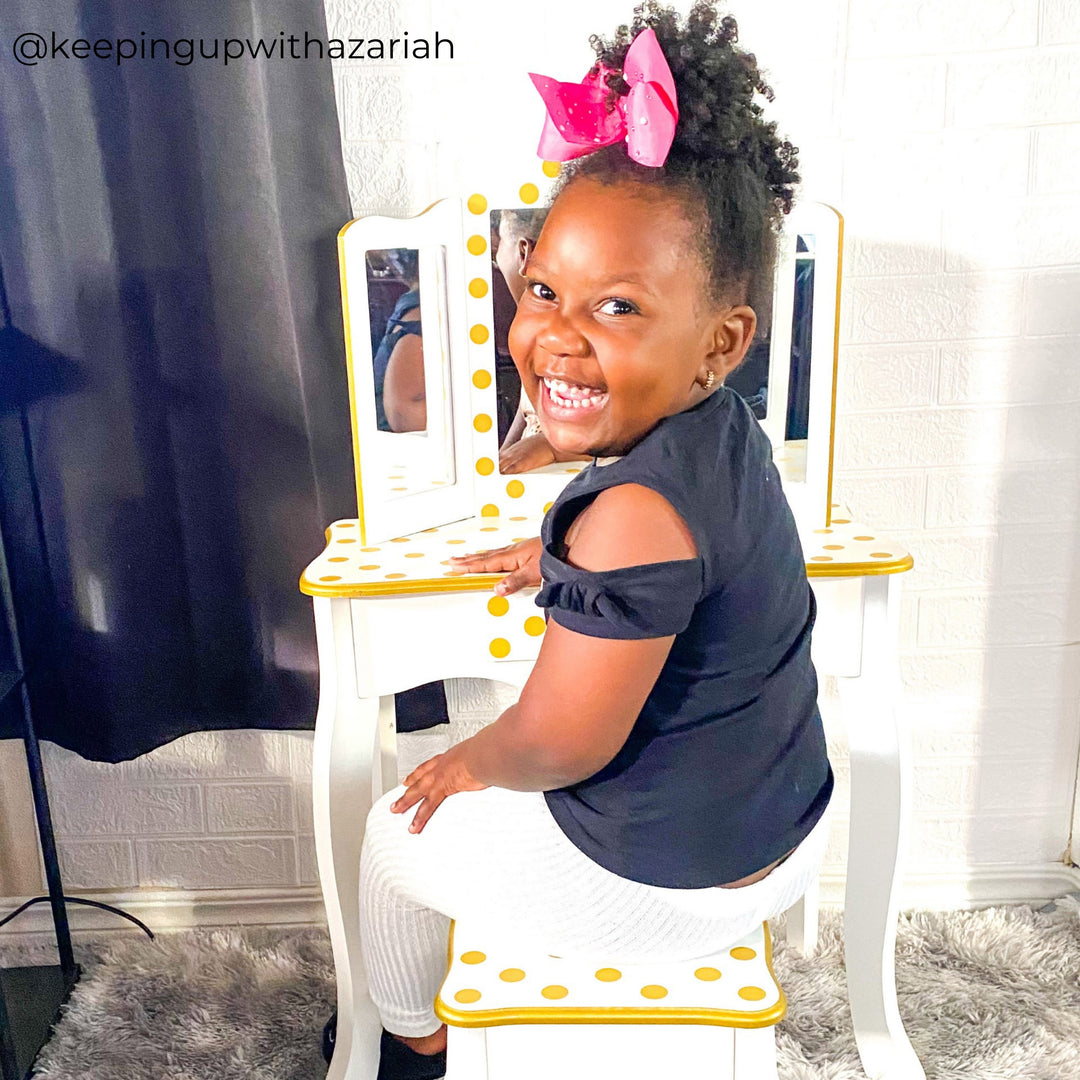 Fantasy Fields Gisele Polka Dot Kids Vanity Table & Stool, White & Gold