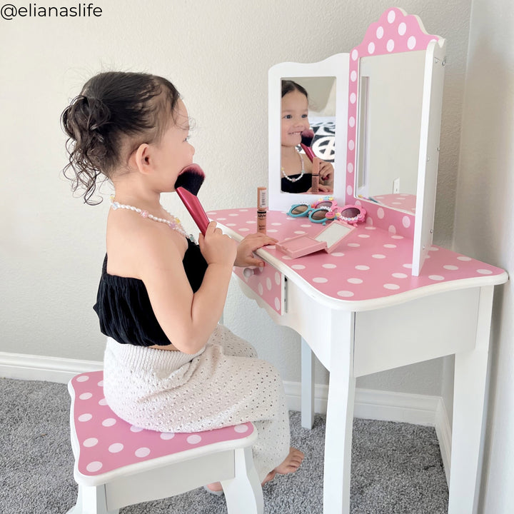 Teamson Kids Gisele Polka Dot Wooden Play Vanity Set with Tri-Fold Mirror, Storage Drawer, Matching Stool, Kids Makeup Table and Chair for Dress-Up Pretend Play, Ages 3+, Pink & White