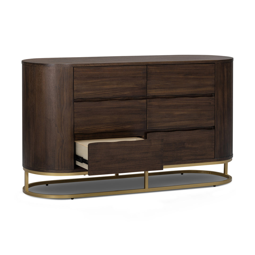 Seneca 55” W Walnut Veneer 6-Drawer Dresser Storage with Metal Base by Teamson Home