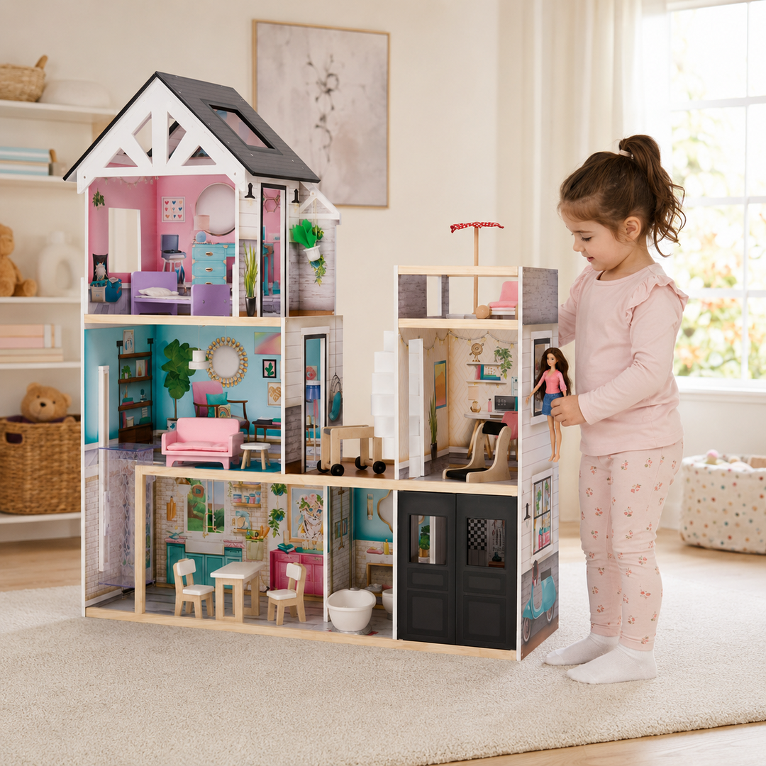 Teamson Kids Dreamland Mansion Wooden Doll House with 3 Floors, Terrace, Elevator, Spiral Stairs, Battery-Powered Lights, Sounds and 18 Accessories
