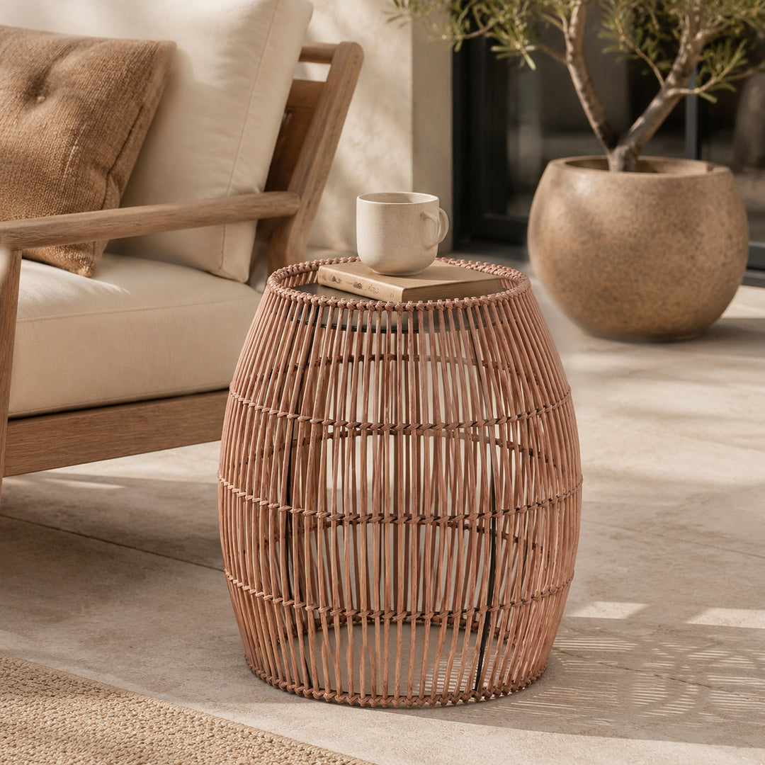 Teamson Bamboo Outdoor Side Table with Black Iron Frame, Round Boho Accent End Table, Weather-Resistant Design for Patio, Balcony, Garden, Porch & Indoor Living Spaces