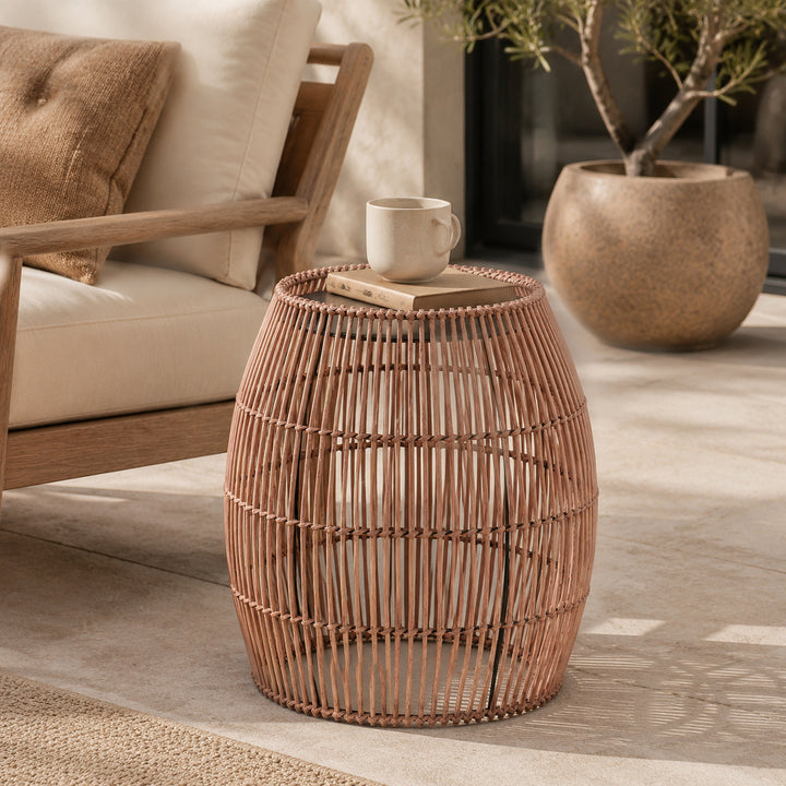 Teamson Bamboo Outdoor Side Table with Black Iron Frame, Round Boho Accent End Table, Weather-Resistant Design for Patio, Balcony, Garden, Porch & Indoor Living Spaces