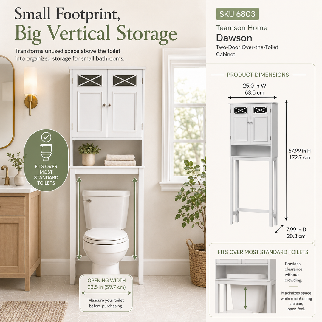 Teamson Home Dawson Two-Door Over-the-Toilet Cabinet with Decorative Glass Panels, White