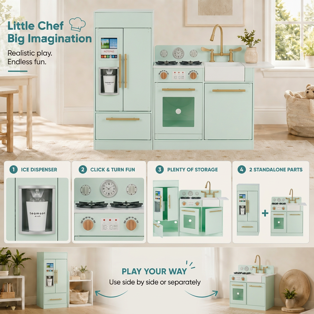 Teamson Kids Little Chef Charlotte Modular Play Kitchen Set with Realistic Stove, Sink, and Refrigerator, Kids Kitchen Playset for Toddlers Ages 3–7, Toy Cooking Set, Mint/Gold