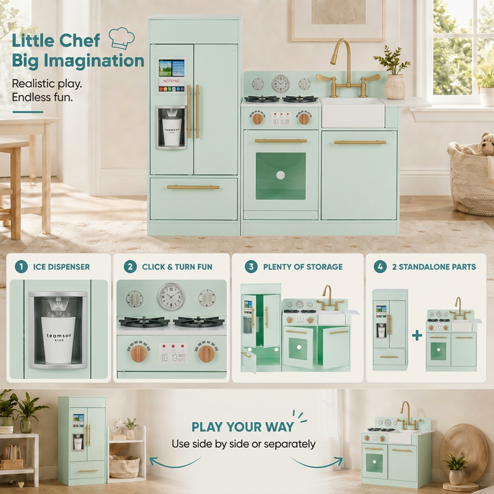 Teamson Kids Little Chef Charlotte Modular Play Kitchen Set with Realistic Stove, Sink, and Refrigerator, Kids Kitchen Playset for Toddlers Ages 3–7, Toy Cooking Set, Mint/Gold