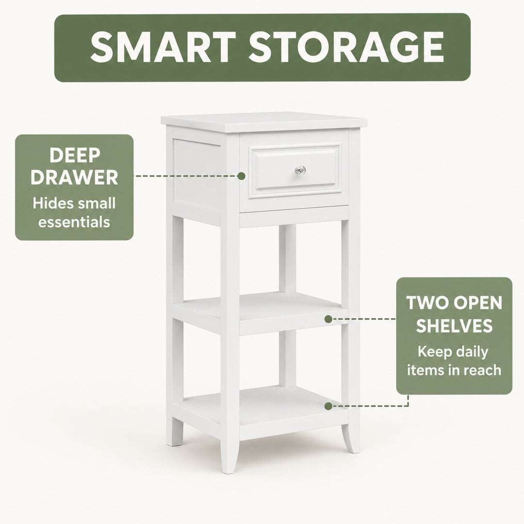 Teamson Home Dawson Freestanding Bathroom Floor Cabinet with Drawer and 2 Open Shelves, Cross Molding, White Engineered Wood, Compact Space Saving Storage Cabinet for Bathroom, Bedroom, and Hallways