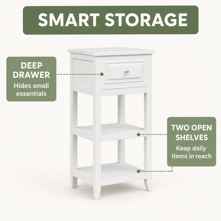 Teamson Home Dawson Freestanding Bathroom Floor Cabinet with Drawer and 2 Open Shelves, Cross Molding, White Engineered Wood, Compact Space Saving Storage Cabinet for Bathroom, Bedroom, and Hallways
