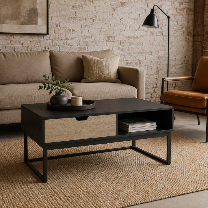 Teamson Lift Top Coffee Table with Hidden Storage Compartment, Wood Grain Finish, Sturdy Metal Frame, Farmhouse Cocktail Table for Living Room, Home Office & Small Spaces
