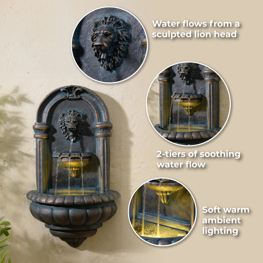 Teamson Home 32" Tiered Lion Head LED Outdoor Water Fountain, Antique Copper