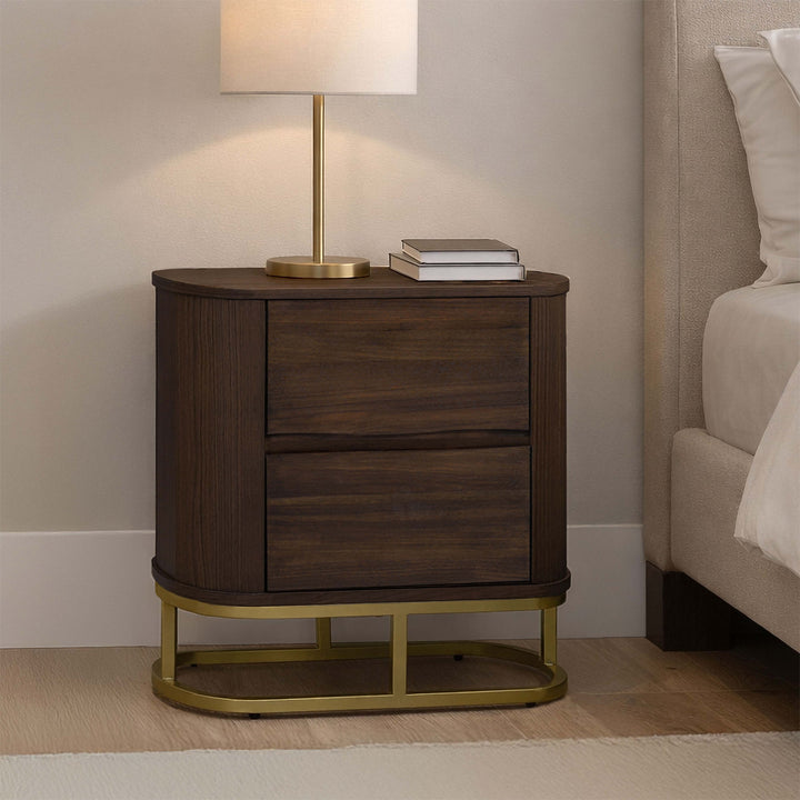 Seneca 23.5” W Walnut Veneer 2-Drawer Nightstand Bedside Storage with Metal Base by Teamson Home