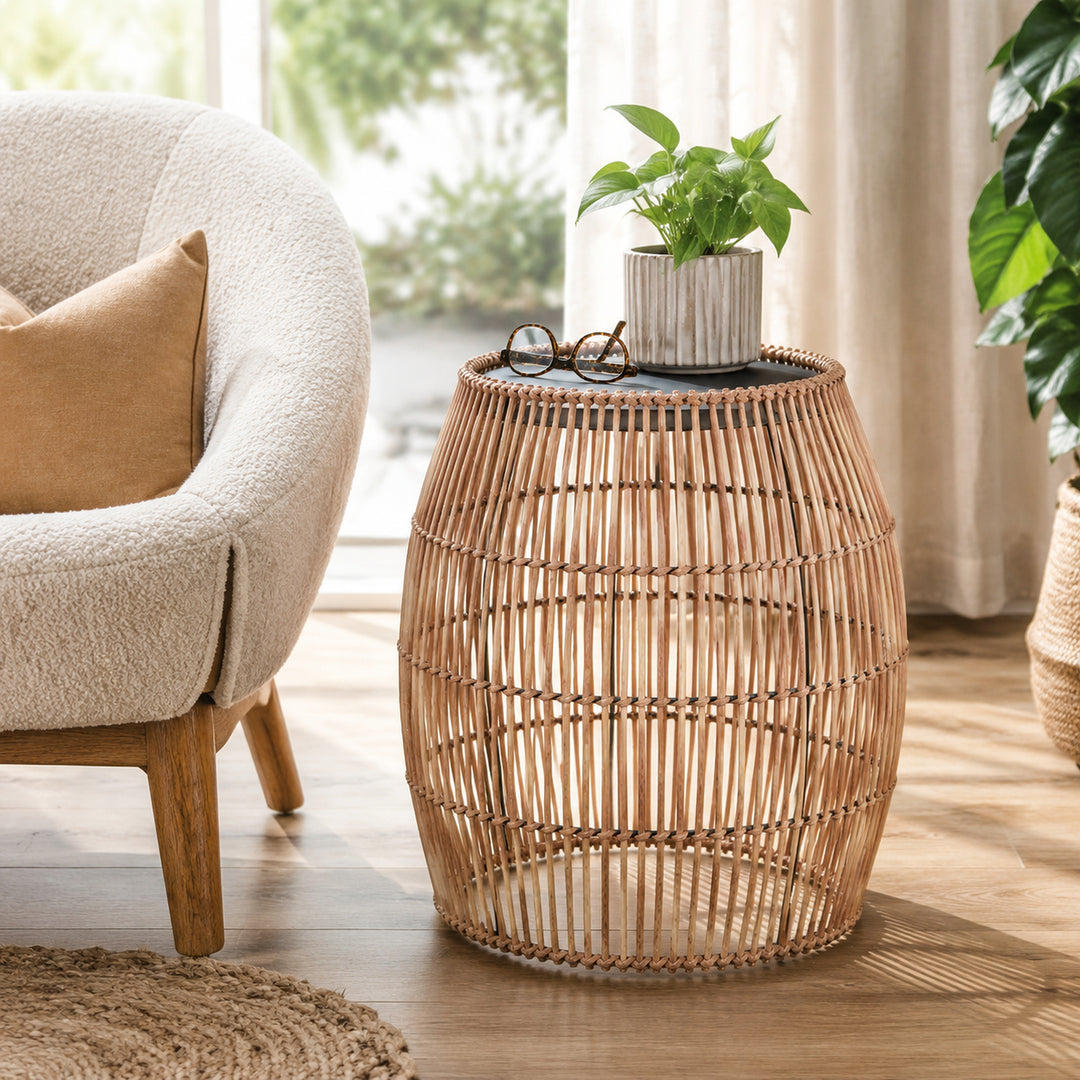 Teamson Bamboo Outdoor Side Table with Black Iron Frame, Round Boho Accent End Table, Weather-Resistant Design for Patio, Balcony, Garden, Porch & Indoor Living Spaces