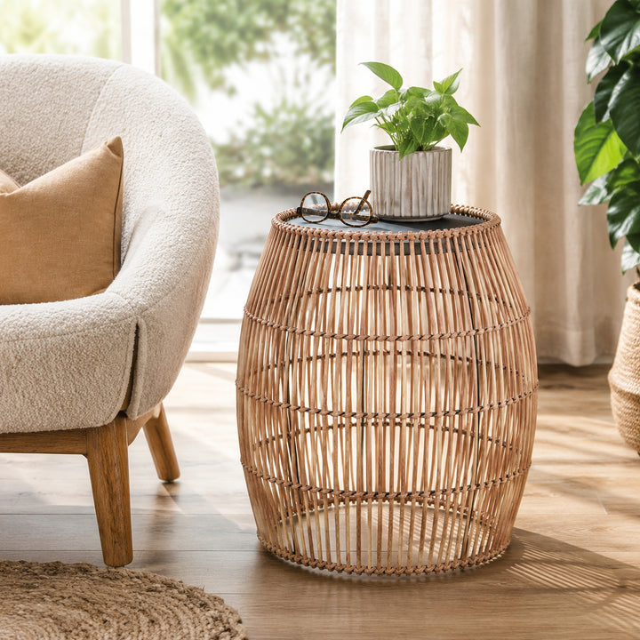 Teamson Bamboo Outdoor Side Table with Black Iron Frame, Round Boho Accent End Table, Weather-Resistant Design for Patio, Balcony, Garden, Porch & Indoor Living Spaces