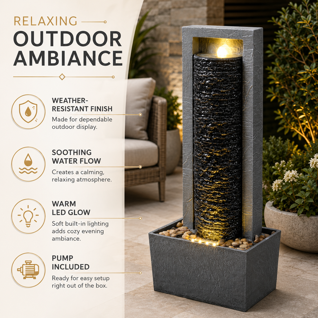 Teamson Home Framed Layered Rock Design Outdoor Water Fountain–Warm Glow Lighting with Steady Flow & Electric Pump, Dark Gray