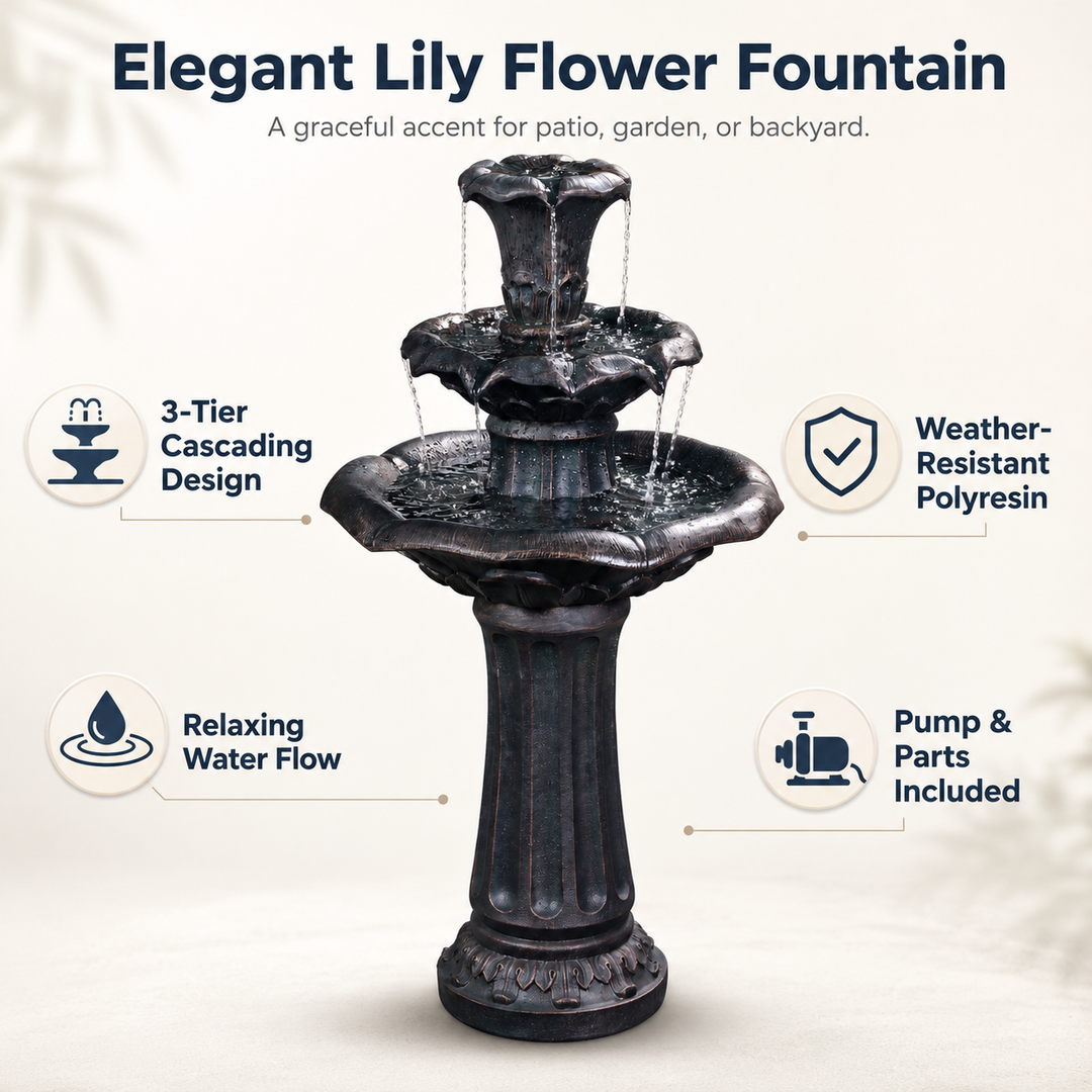 Teamson Home 37.8" 3-Tier Lily Outdoor Birdbath Water Fountain, Bronze