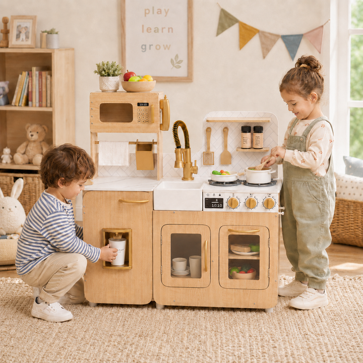 Teamson Kids Little Chef Cyprus Play Kitchen Set for Toddlers with 14 Accessories, Wooden Toy Cooking Playset for Kids Ages 1-8, Montessori Cooking Station, Light Oak/White Pretend Kitchen