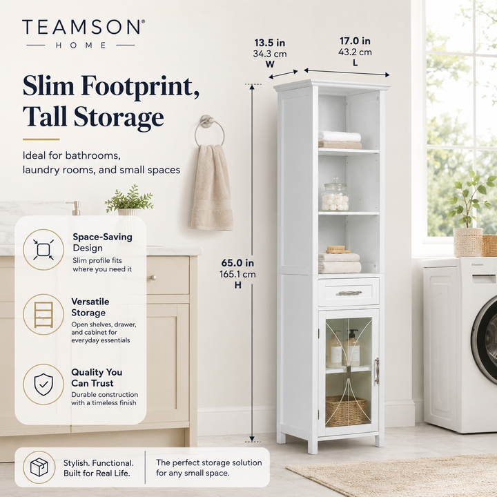 Teamson Home Delaney Multifunctional Freestanding Linen Tower with Single Drawer, White