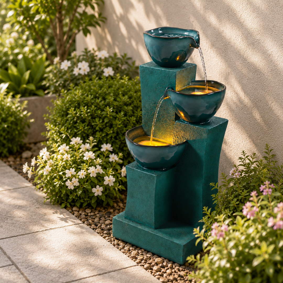 Teamson Home 28.54" 3-Tier Outdoor Water Fountain with LED Lights, Green