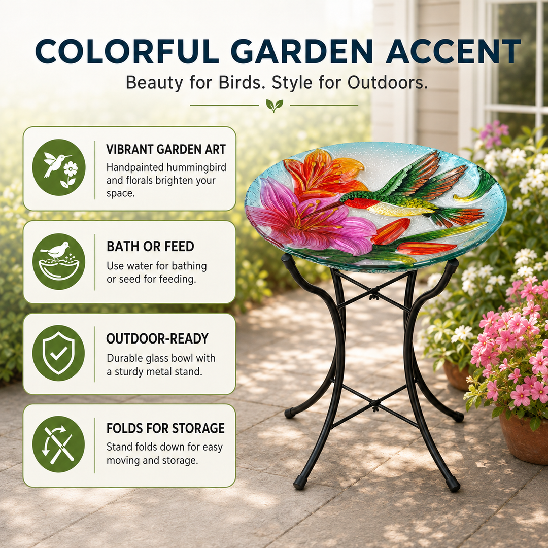 Teamson Home Outdoor Glass Bird Bath with Handpainted Hummingbird and Flower Design, Foldable Metal Stand, Bath or Feeder Use, 18-Inch, Multicolor, Freestanding Garden Accent for Patio, Yard and Lawn