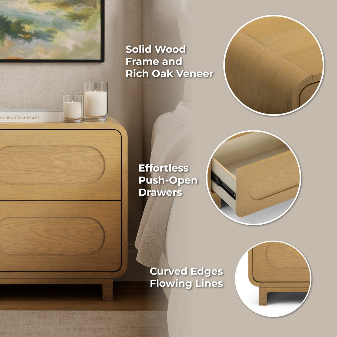 Tenley 20'' W Oak Veneer 2-Drawer Nightstand with Push-Open Drawers by Teamson Home