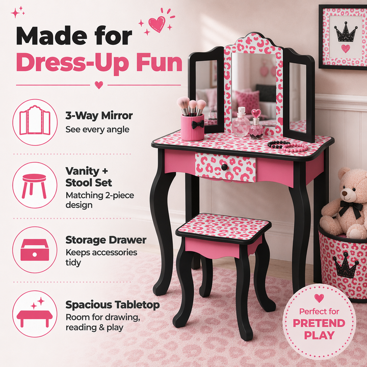 Teamson Kids Gisele Leopard Print Wooden Play Vanity Set with Tri-Fold Mirror, Storage Drawer, Matching Stool, Kids Makeup Table and Chair for Dress-Up Pretend Play, Ages 3+, Pink & Black