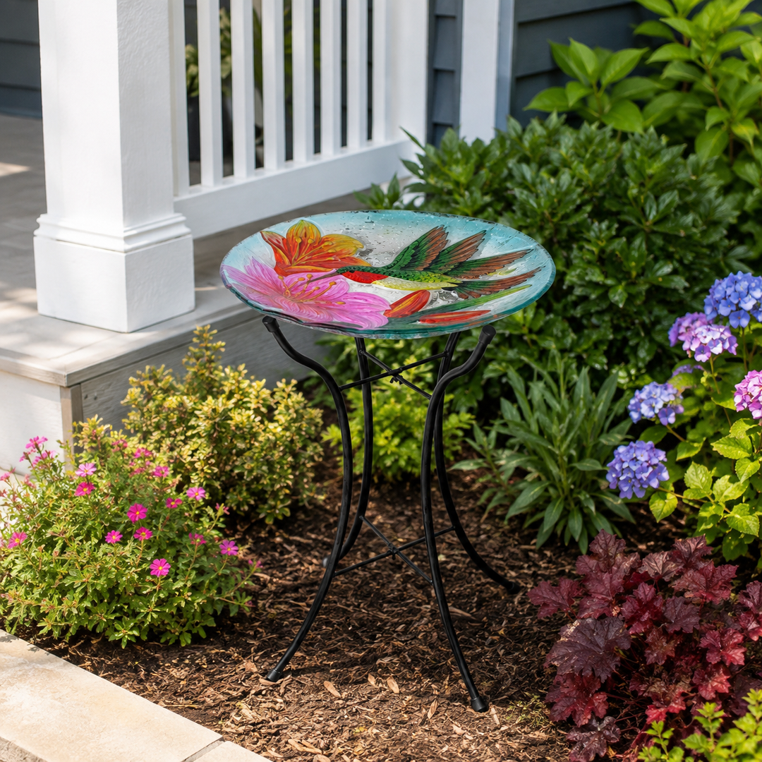 Teamson Home Outdoor Glass Bird Bath with Handpainted Hummingbird and Flower Design, Foldable Metal Stand, Bath or Feeder Use, 18-Inch, Multicolor, Freestanding Garden Accent for Patio, Yard and Lawn