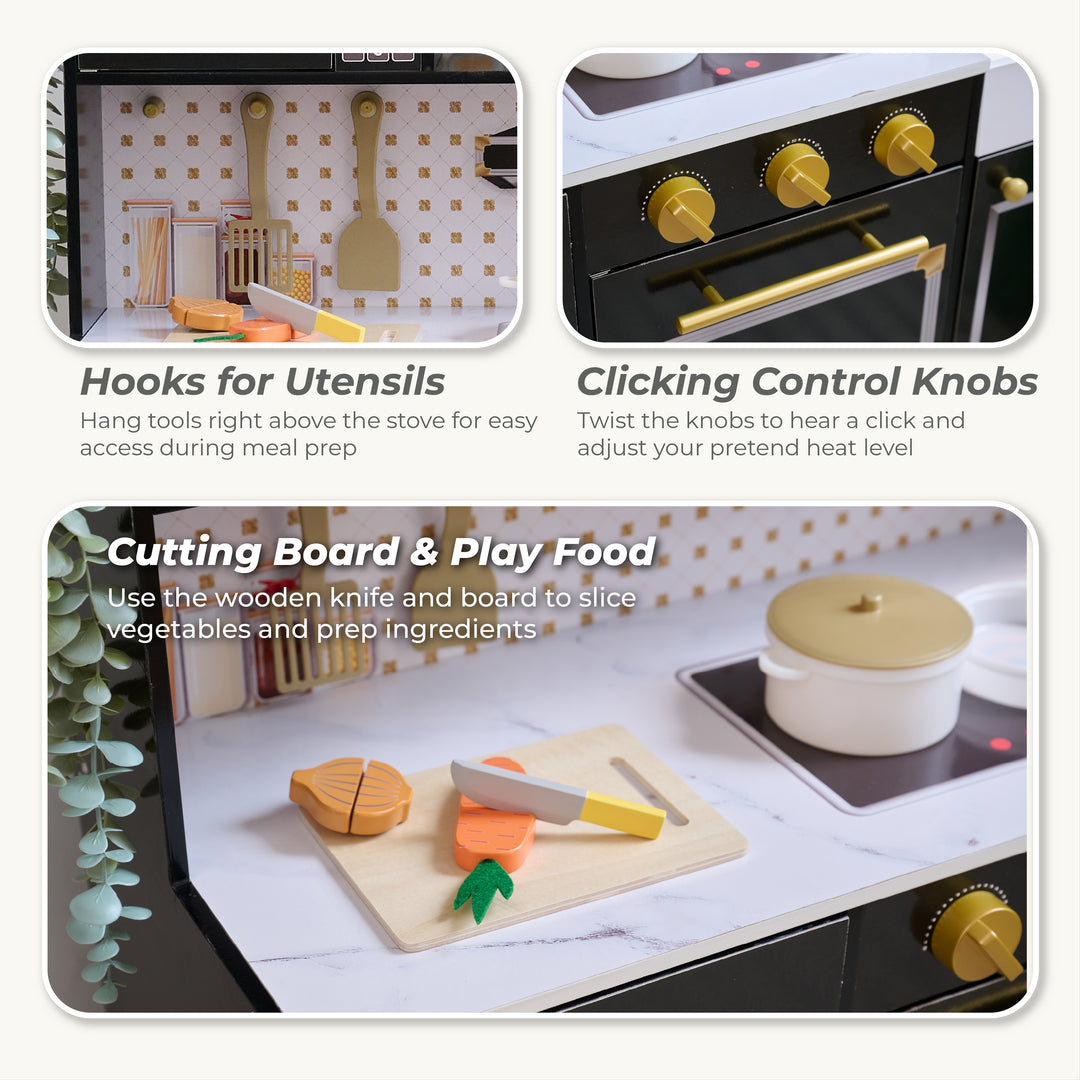 2-Pcs Wooden Play Kitchen with 15 Accessories, Black - Little Chef St. Louis by Teamson Kids