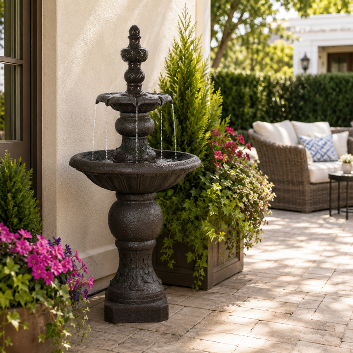 2-Tier Classic Pedestal Outdoor Water Fountain with Shallow Basin