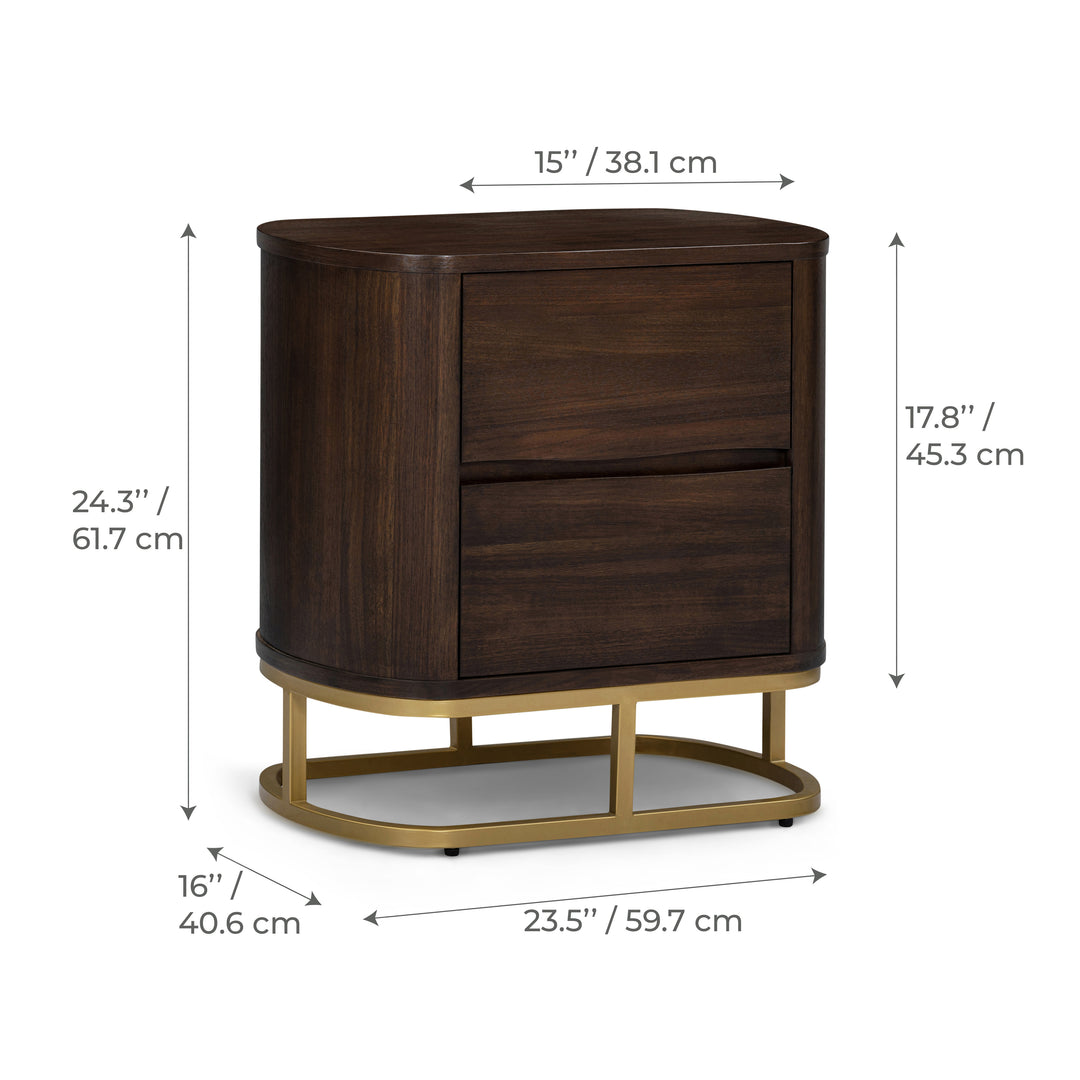 Seneca 23.5” W Walnut Veneer 2-Drawer Nightstand Bedside Storage with Metal Base by Teamson Home