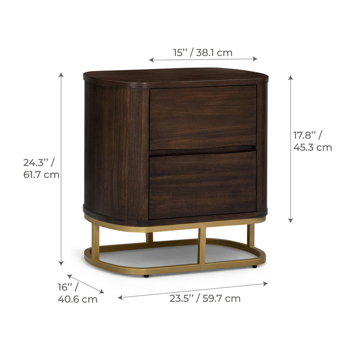 Seneca 23.5” W Walnut Veneer 2-Drawer Nightstand Bedside Storage with Metal Base by Teamson Home