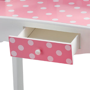 Teamson Kids Gisele Polka Dot Wooden Play Vanity Set with Tri-Fold Mirror, Storage Drawer, Matching Stool, Kids Makeup Table and Chair for Dress-Up Pretend Play, Ages 3+, Pink & White