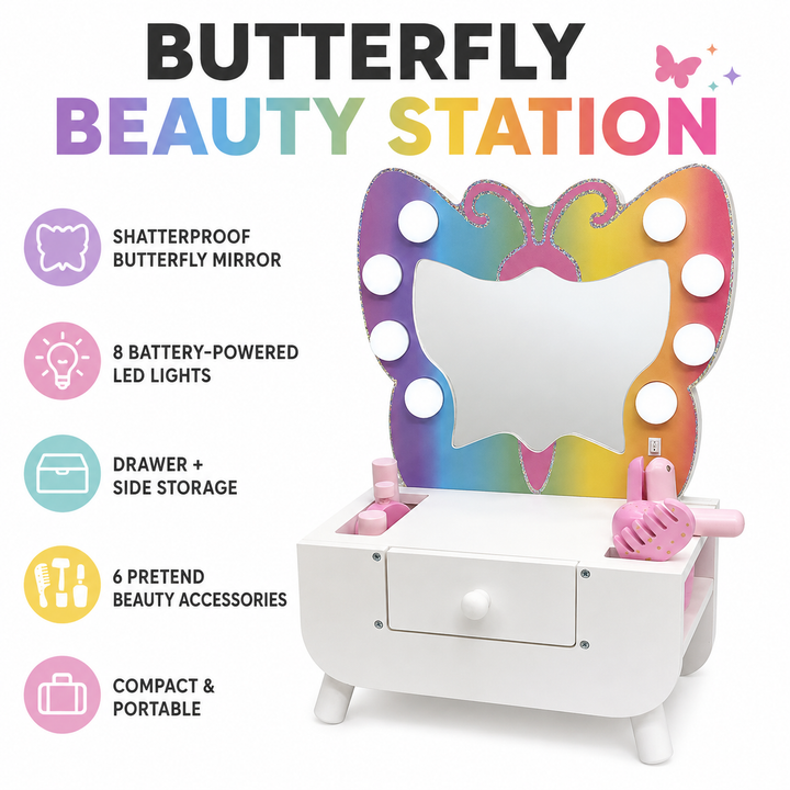 Teamson Kids Butterfly Light-Up Tabletop Kids Vanity Set with 6 Accessories, White and Pink, Butterfly LED Light-up Mirror, Shatterproof mirror for Safer Play, Includes Pretend Dress Up Pieces