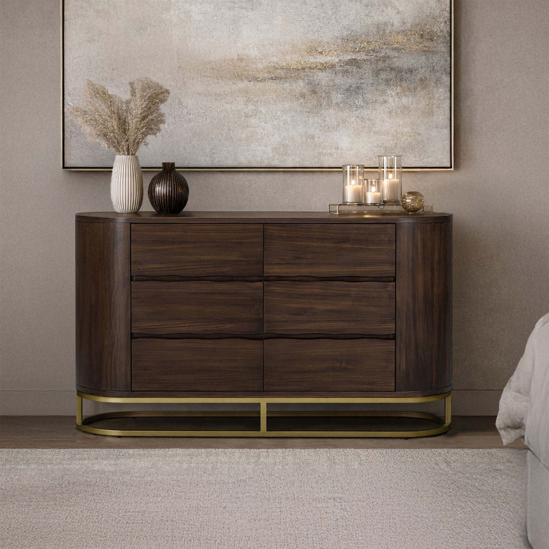 Seneca 55” W Walnut Veneer 6-Drawer Dresser Storage with Metal Base by Teamson Home