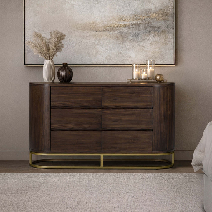 Seneca 55” W Walnut Veneer 6-Drawer Dresser Storage with Metal Base by Teamson Home