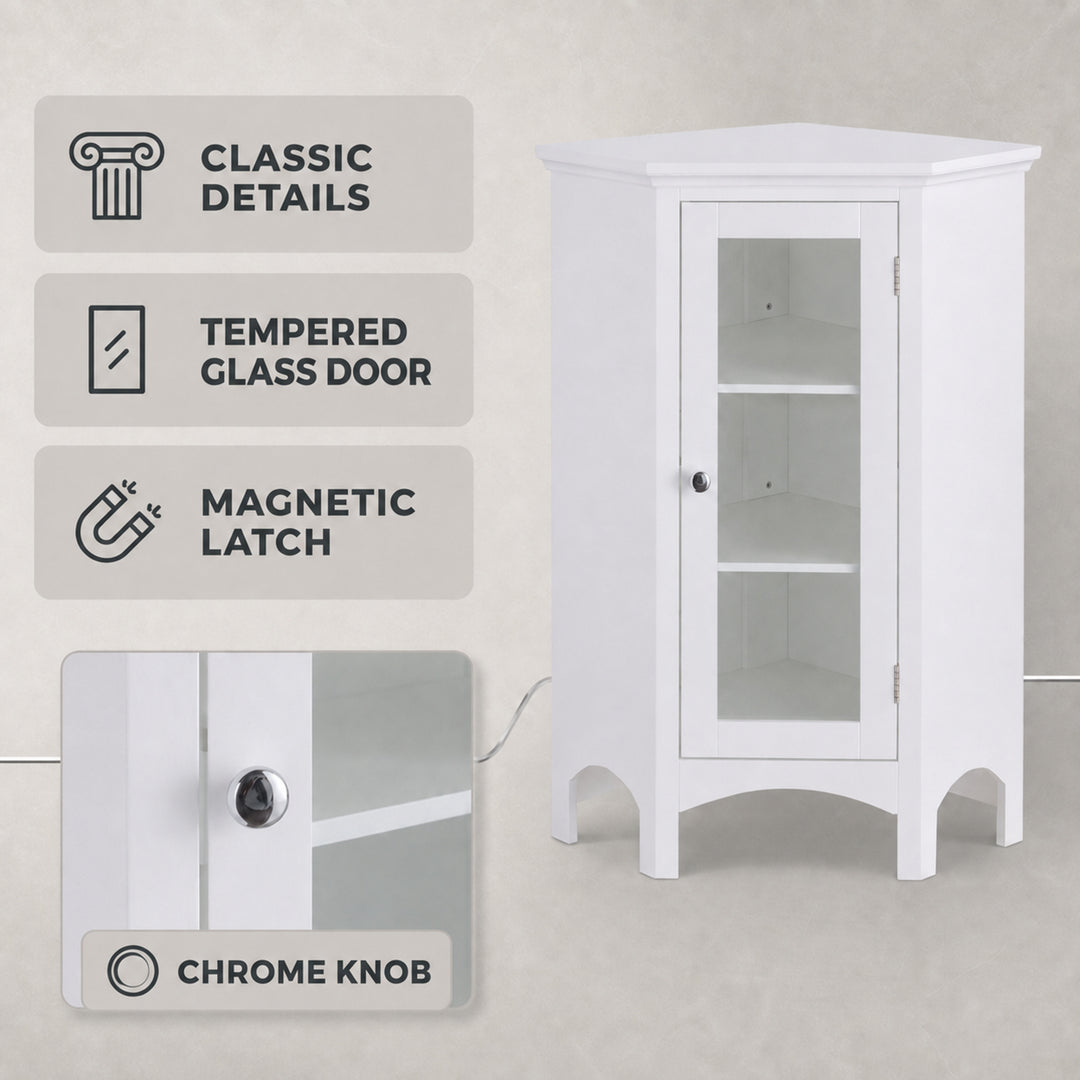 Teamson Home Madison Corner Floor Cabinet with 2 Adjustable Shelves, Glass Door, White Engineered Wood, 32in Freestanding Bathroom Storage for Small Spaces, Living Room, Bedroom or Entryway