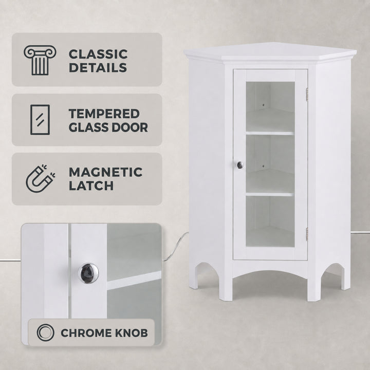 Teamson Home Madison Corner Floor Cabinet with 2 Adjustable Shelves, Glass Door, White Engineered Wood, 32in Freestanding Bathroom Storage for Small Spaces, Living Room, Bedroom or Entryway