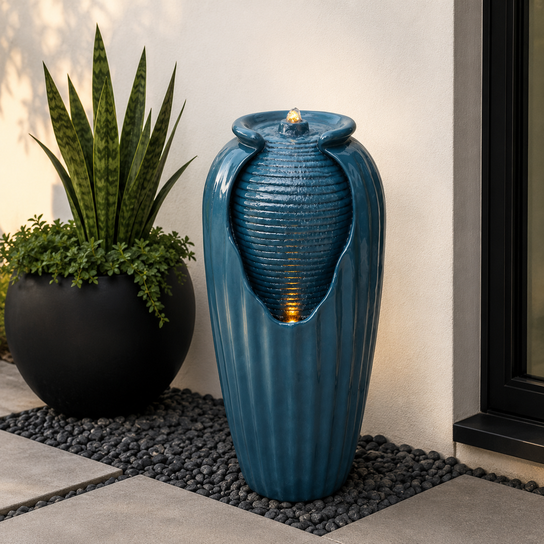 Teamson Home 32.01" Outdoor LED Modern Vase Water Fountain with LED, Teal Blue