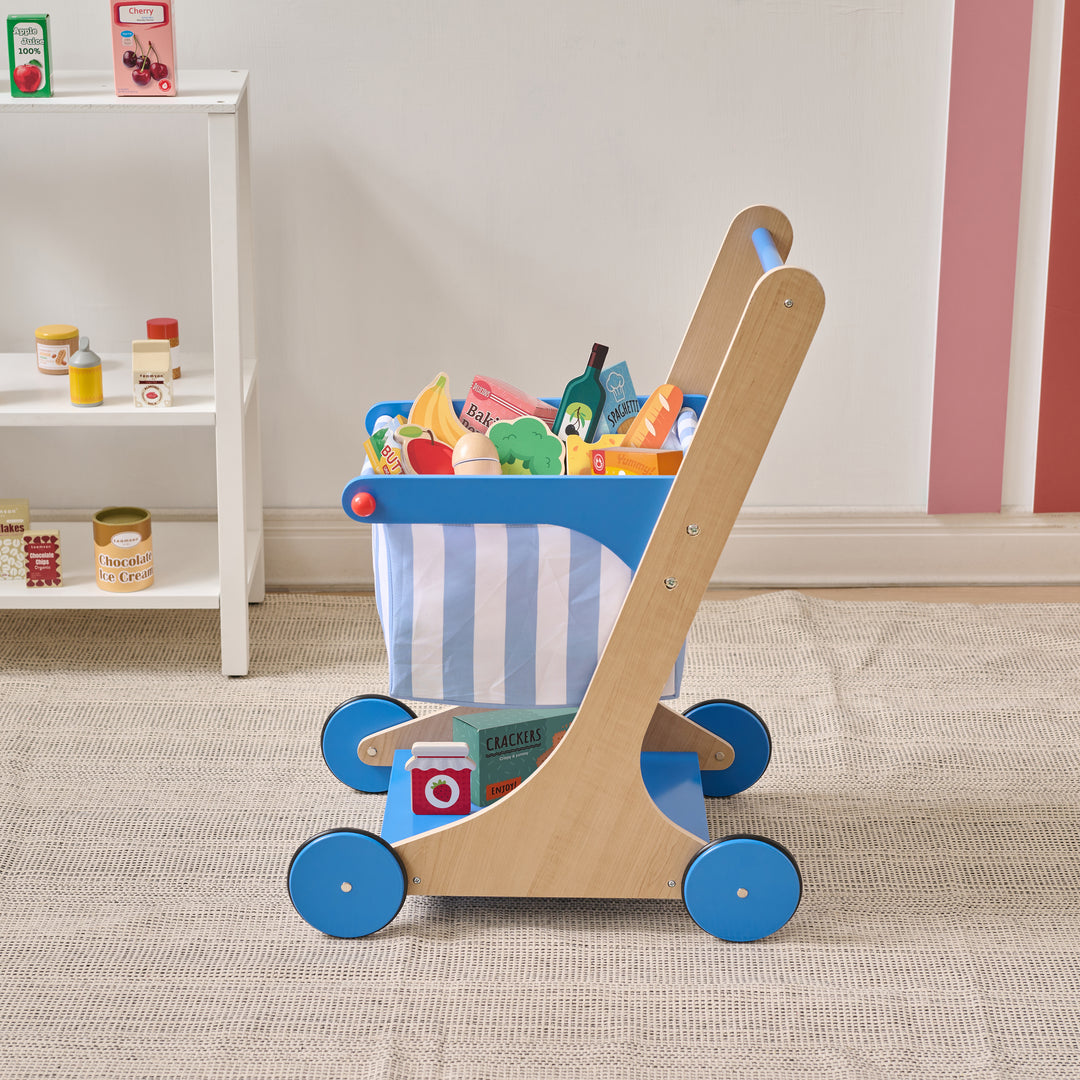Wooden Grocery Cart Toy with 13 Accessories, Blue – Little Helper Mr. Fresh by Teamson Kids