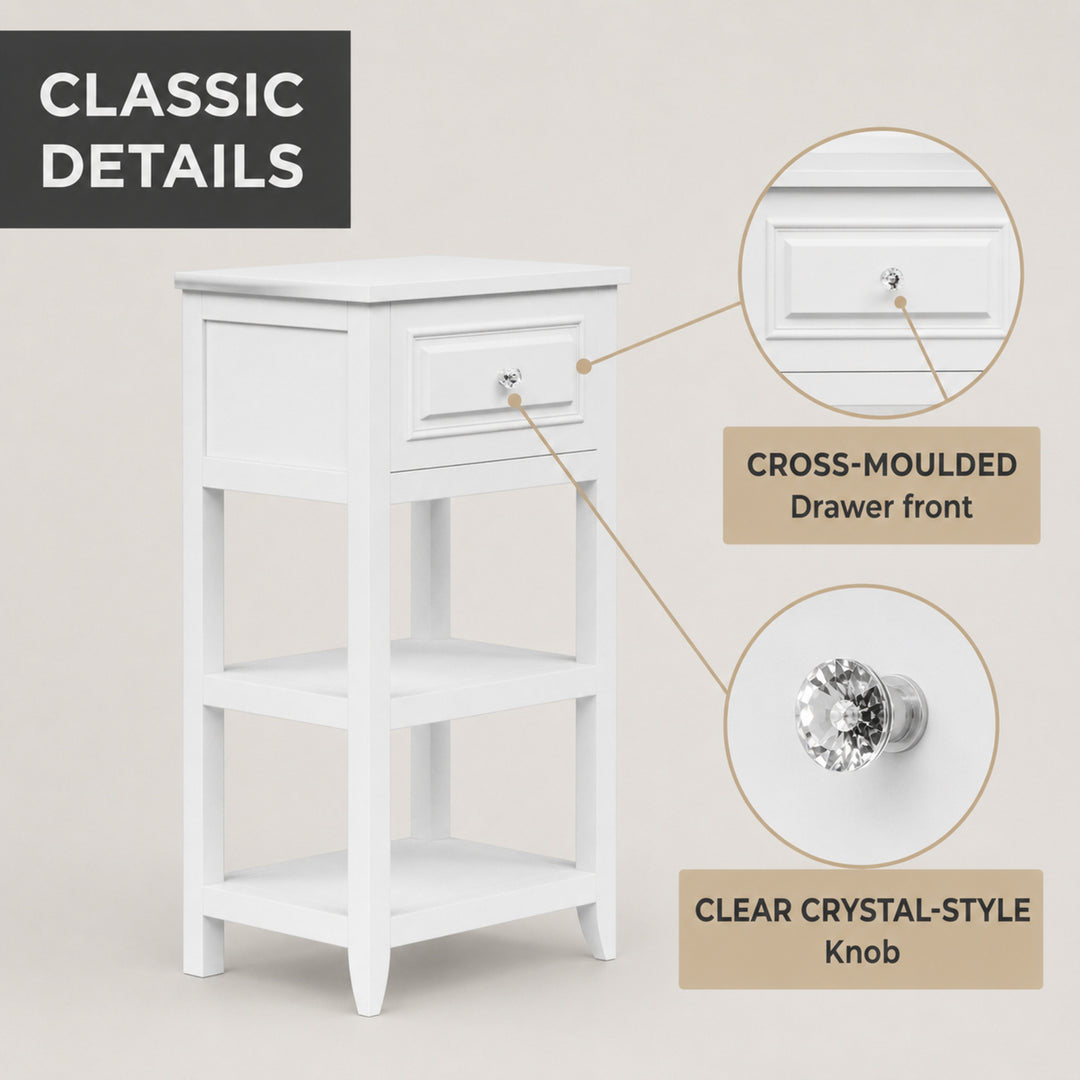 Teamson Home Dawson Freestanding Bathroom Floor Cabinet with Drawer and 2 Open Shelves, Cross Molding, White Engineered Wood, Compact Space Saving Storage Cabinet for Bathroom, Bedroom, and Hallways