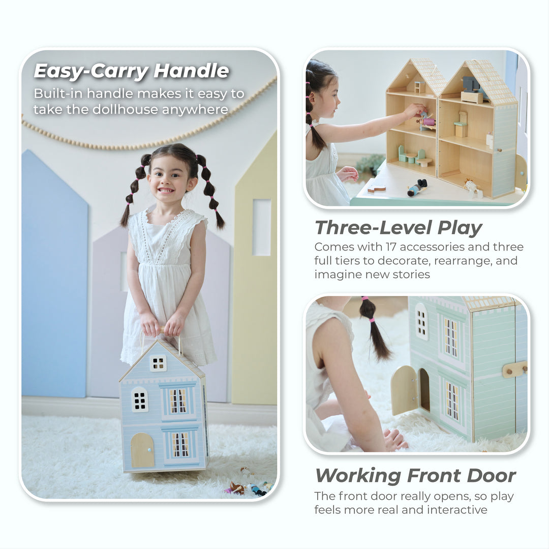 Wooden Dollhouse with 18 Accessories, Green & Blue - The Lovely Townhouse by Teamson Kids