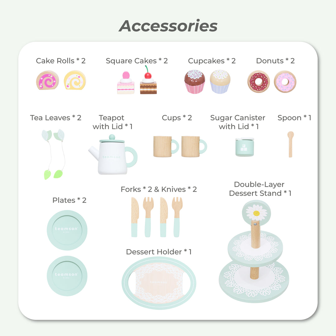 Afternoon Sip Wooden Dessert Cart with 24 Play Food Pieces for Pretend Play by Teamson Kids