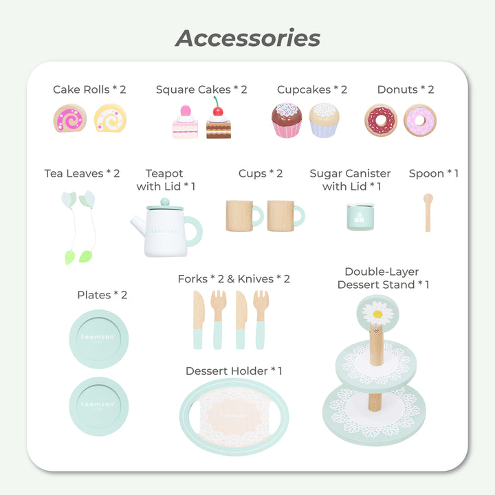 Afternoon Sip Wooden Dessert Cart with 24 Play Food Pieces for Pretend Play by Teamson Kids