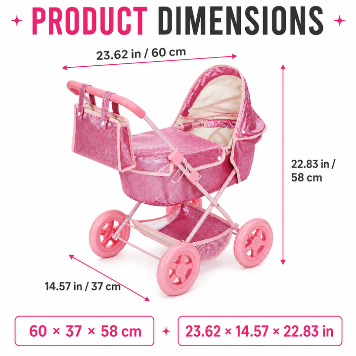 Olivia's Little World Baby Doll Bassinet Pram with Cover, Glitter Pink Doll Stroller with Retractable Canopy, Handle, Doll Seatbelt , All-terrain Wheels and Under Pram Storage for Doll Accessories