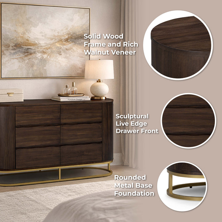 Seneca 55” W Walnut Veneer 6-Drawer Dresser Storage with Metal Base by Teamson Home