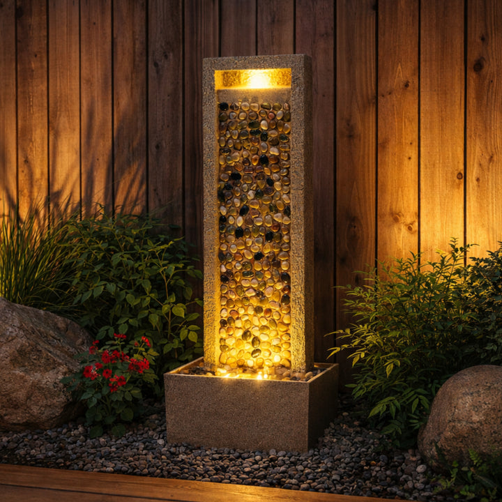 River Rocks Outdoor Water Fountain with Warm Glow Lighting