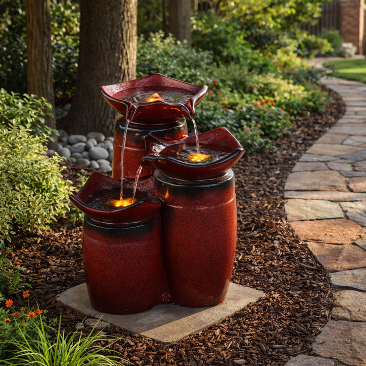 Teamson Home 20" Outdoor 3-Tier Water Fountain with LED Lights, Red