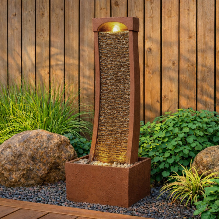 Teamson Home 38.5" Indoor/Outdoor Modern Curved Waterfall Fountain, Red Rock