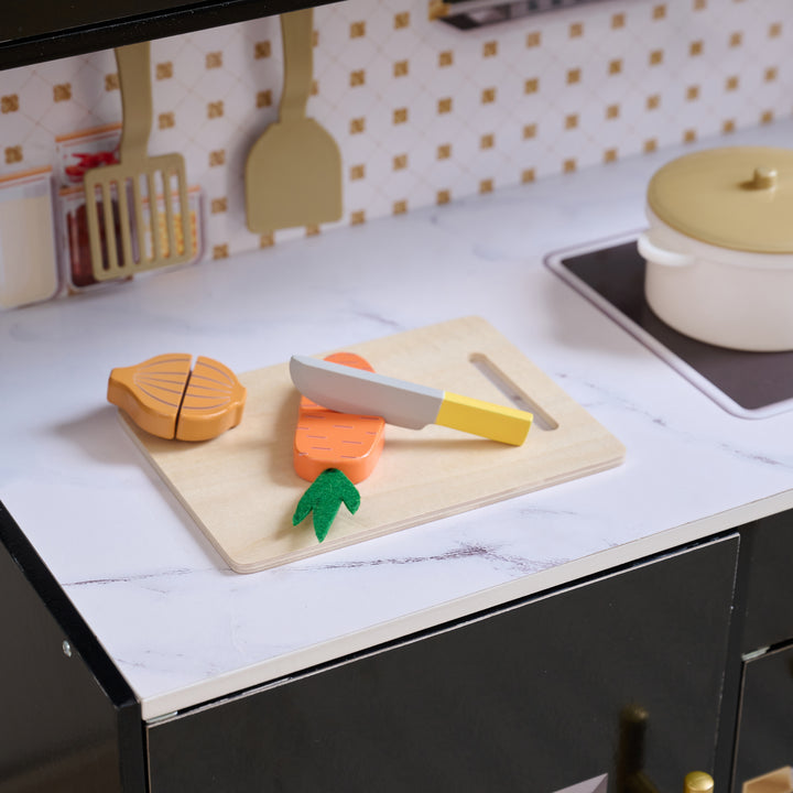 2-Pcs Wooden Play Kitchen with 15 Accessories, Black - Little Chef St. Louis by Teamson Kids