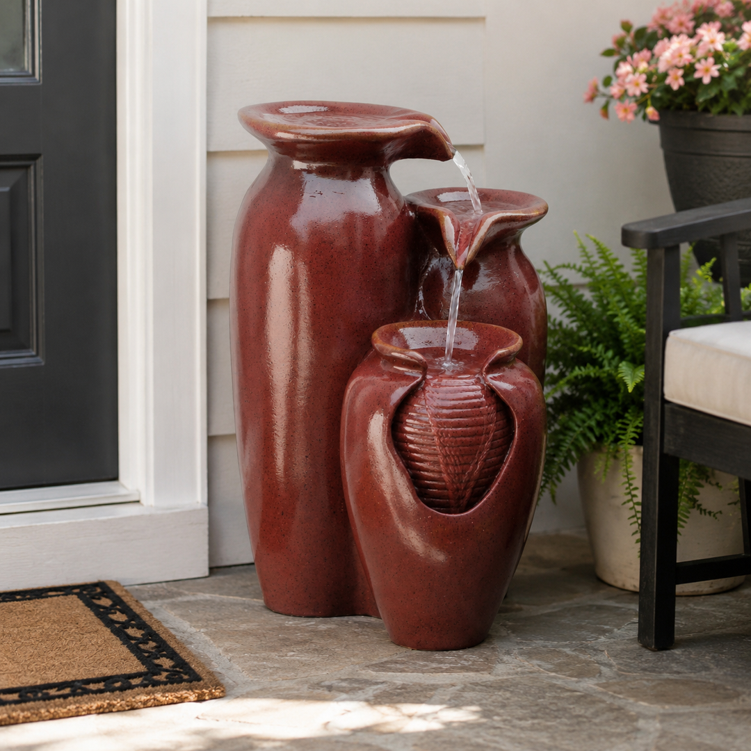 Teamson Home 20.47 in. 3-Tier Cascading Jar Outdoor Water Fountain, Ceramic-Look Weatherproof Rust-Resistant Polyresin, Adjustable Pump, 1.32-Gal Capacity, 72.04 in. Cord, Red, Patio Decor